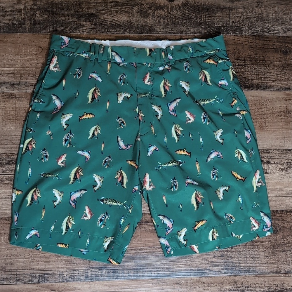 RLX Ralph Lauren Fishing Lure Print Golf Shorts Size 35x10" In Green